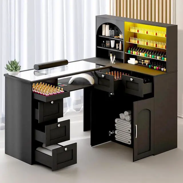 Main image of Manicure Table Nail Tech Desk w/LED Display Shelf, L-Shaped Glass Top Nail Station w/USB Ports, Cabinet, Drawer, Wrist Rest, for Professional Salon Manicure Workstation (Black)