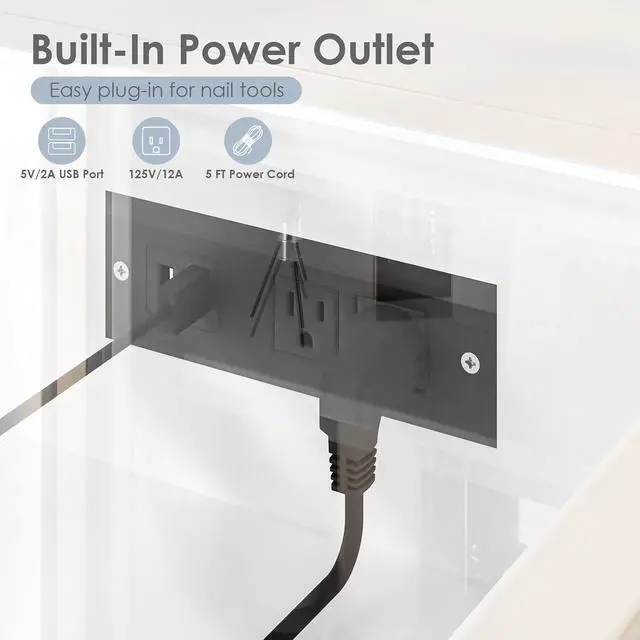 Alt view image 7 of 7 - Manicure Table Nail Tech Desk w/LED Display Shelf, L-Shaped Glass Top Nail Station w/USB Ports, Cabinet, Drawer, Wrist Rest, for Professional Salon Manicure Workstation (White)