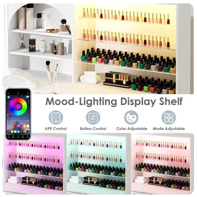 Alt view image 6 of 7 - Manicure Table Nail Tech Desk w/LED Display Shelf, L-Shaped Glass Top Nail Station w/USB Ports, Cabinet, Drawer, Wrist Rest, for Professional Salon Manicure Workstation (White)
