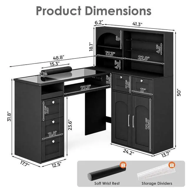 Alt view image 2 of 7 - Manicure Table Nail Tech Desk w/LED Display Shelf, L-Shaped Glass Top Nail Station w/USB Ports, Cabinet, Drawer, Wrist Rest, for Professional Salon Manicure Workstation (Black)