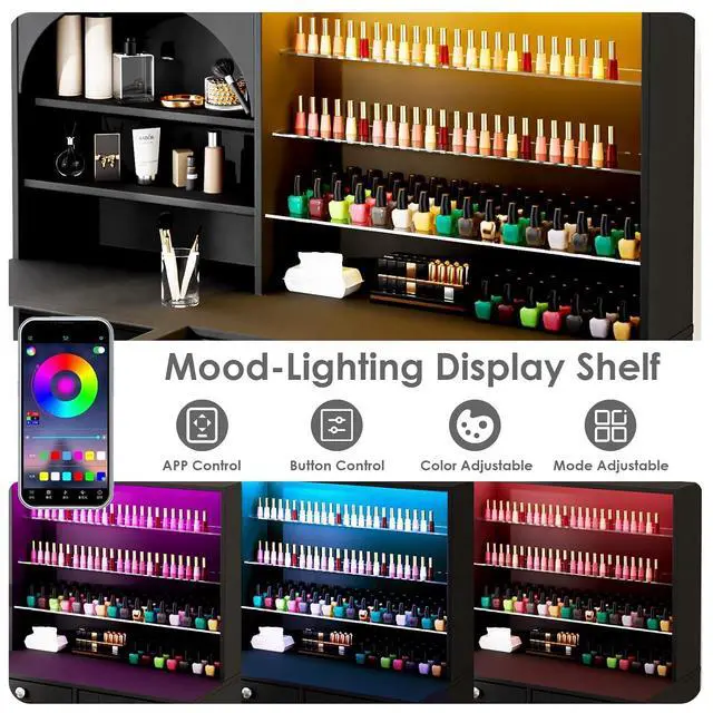 Alt view image 6 of 7 - Manicure Table Nail Tech Desk w/LED Display Shelf, L-Shaped Glass Top Nail Station w/USB Ports, Cabinet, Drawer, Wrist Rest, for Professional Salon Manicure Workstation (Black)
