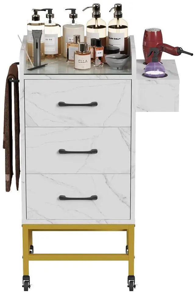 Main image of Salon Storage Trolley Cart, Rolling Barber Station for Hair Stylist w/Toughened Glass Top, 3 Drawers, 3 Hair Dryer Holders, a Towel Rack, 4 Wheels, Salon Storage Equipment, White Marble