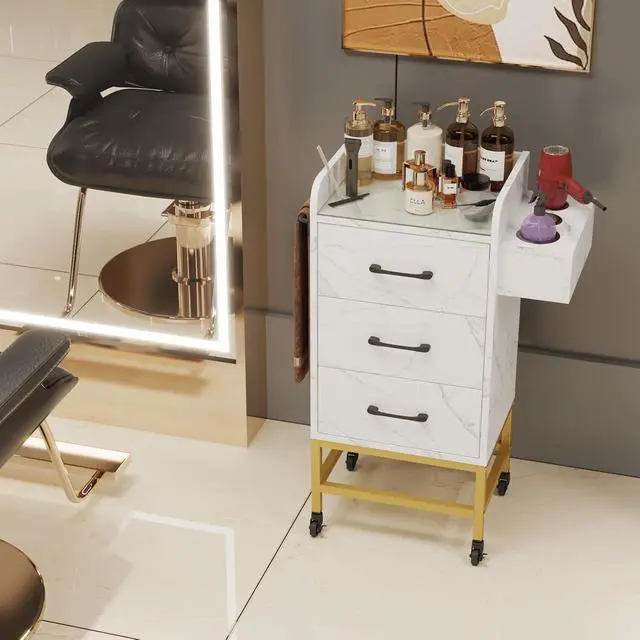 Alt view image 2 of 7 - Salon Storage Trolley Cart, Rolling Barber Station for Hair Stylist w/Toughened Glass Top, 3 Drawers, 3 Hair Dryer Holders, a Towel Rack, 4 Wheels, Salon Storage Equipment, White Marble