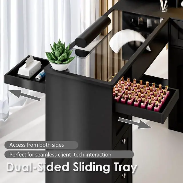 Alt view image 4 of 7 - Manicure Table Nail Tech Desk w/LED Display Shelf, L-Shaped Glass Top Nail Station w/USB Ports, Cabinet, Drawer, Wrist Rest, for Professional Salon Manicure Workstation (Black)
