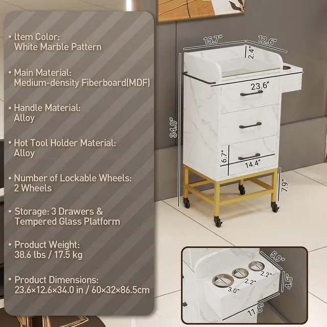 Alt view image 3 of 7 - Salon Storage Trolley Cart, Rolling Barber Station for Hair Stylist w/Toughened Glass Top, 3 Drawers, 3 Hair Dryer Holders, a Towel Rack, 4 Wheels, Salon Storage Equipment, White Marble