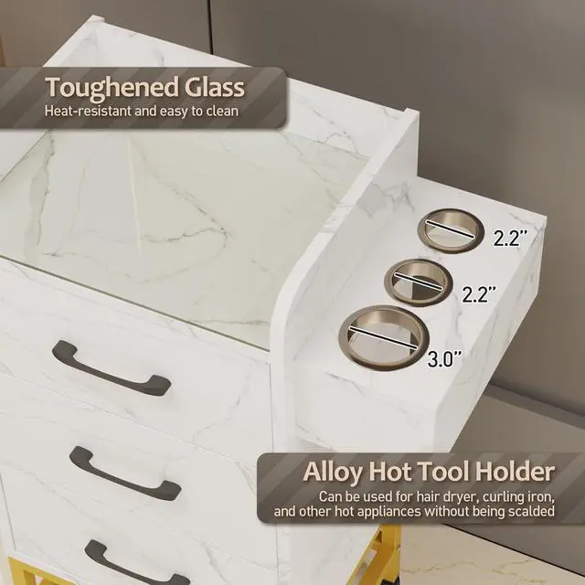 Alt view image 5 of 7 - Salon Storage Trolley Cart, Rolling Barber Station for Hair Stylist w/Toughened Glass Top, 3 Drawers, 3 Hair Dryer Holders, a Towel Rack, 4 Wheels, Salon Storage Equipment, White Marble