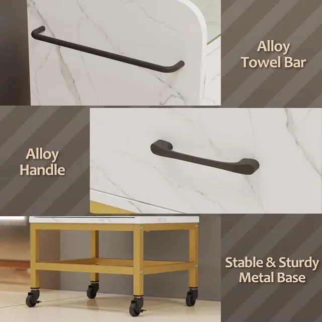 Alt view image 7 of 7 - Salon Storage Trolley Cart, Rolling Barber Station for Hair Stylist w/Toughened Glass Top, 3 Drawers, 3 Hair Dryer Holders, a Towel Rack, 4 Wheels, Salon Storage Equipment, White Marble