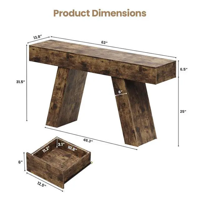 Alt view image 2 of 7 - 63-Inch Long Console Table w/Storage Drawers, Wood Grain Sofa Table Behind Couch, for Entryway, Entrance, Hallway, Foyer, Living Room (Rustic Brown)