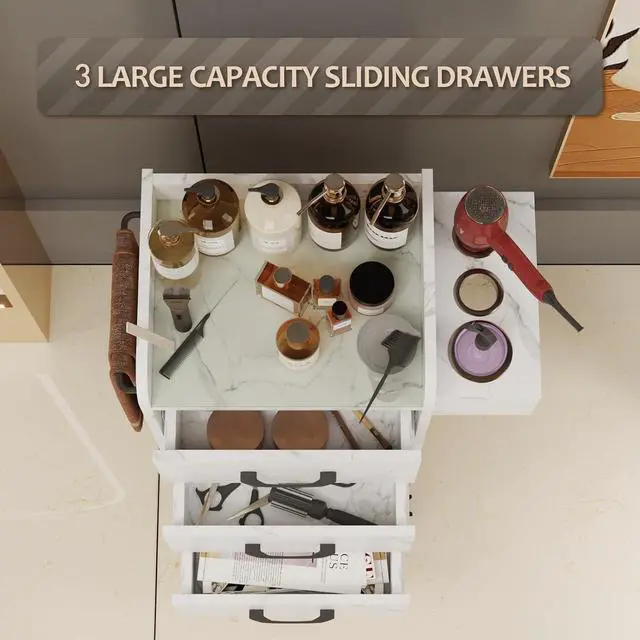 Alt view image 4 of 7 - Salon Storage Trolley Cart, Rolling Barber Station for Hair Stylist w/Toughened Glass Top, 3 Drawers, 3 Hair Dryer Holders, a Towel Rack, 4 Wheels, Salon Storage Equipment, White Marble