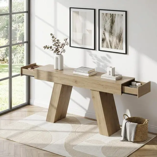 Alt view image 3 of 7 - 63-Inch Long Console Table with Storage Drawers, Wood Grain Sofa Table Behind Couch, for Entryway, Entrance, Hallway, Foyer, Living Room (Nature Wood)