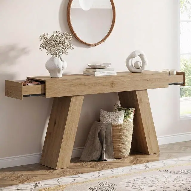 Main image of 63-Inch Long Console Table with Storage Drawers, Wood Grain Sofa Table Behind Couch, for Entryway, Entrance, Hallway, Foyer, Living Room (Nature Wood)