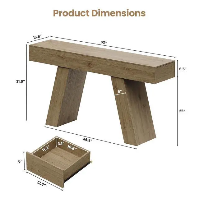 Alt view image 2 of 7 - 63-Inch Long Console Table with Storage Drawers, Wood Grain Sofa Table Behind Couch, for Entryway, Entrance, Hallway, Foyer, Living Room (Nature Wood)