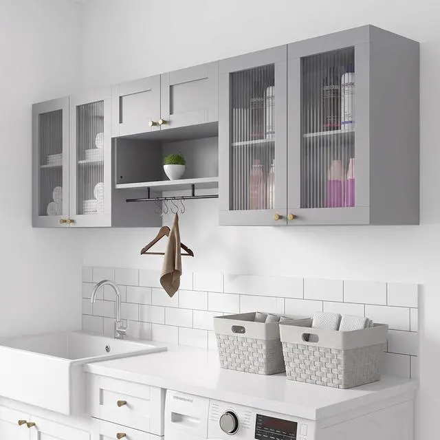 Main image of Wall Mounted Storage Cabinet Set with Glass Doors (Grey) | Adjustable Shelves, Hanging Rod, 4 S-Hooks, Open Storage Space, Ribbed Glass Door Design, Laundry Room, Bathroom & Kitchen