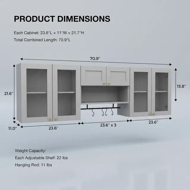 Alt view image 2 of 7 - Wall Mounted Storage Cabinet Set with Glass Doors (Grey) | Adjustable Shelves, Hanging Rod, 4 S-Hooks, Open Storage Space, Ribbed Glass Door Design, Laundry Room, Bathroom & Kitchen