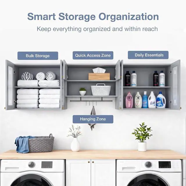 Alt view image 3 of 7 - Wall Mounted Storage Cabinet Set with Glass Doors (Grey) | Adjustable Shelves, Hanging Rod, 4 S-Hooks, Open Storage Space, Ribbed Glass Door Design, Laundry Room, Bathroom & Kitchen