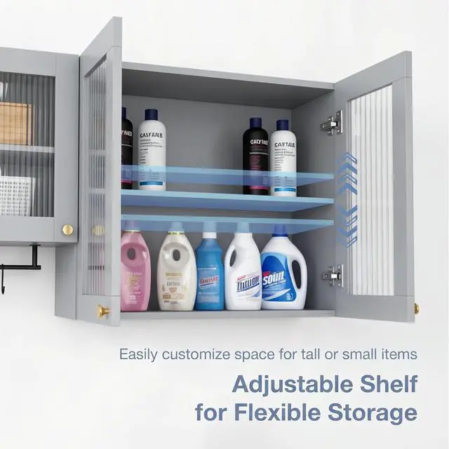 Alt view image 4 of 7 - Wall Mounted Storage Cabinet Set with Glass Doors (Grey) | Adjustable Shelves, Hanging Rod, 4 S-Hooks, Open Storage Space, Ribbed Glass Door Design, Laundry Room, Bathroom & Kitchen