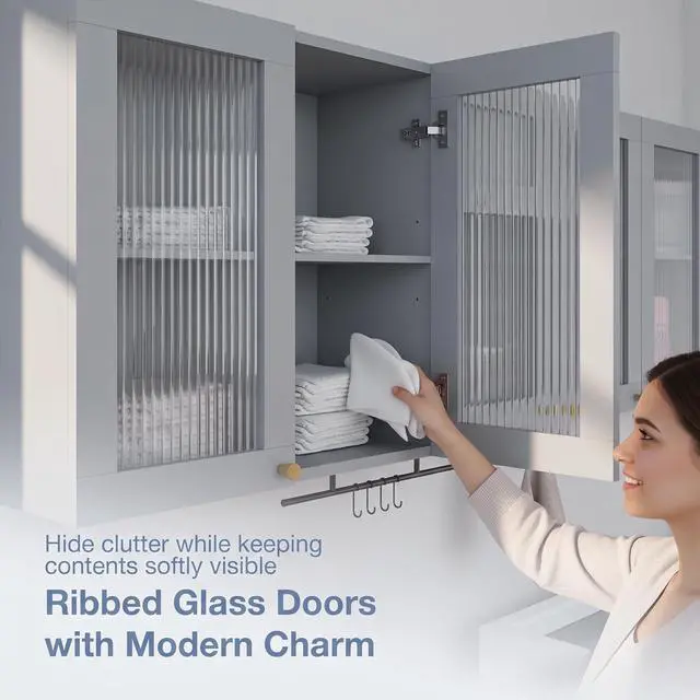 Alt view image 5 of 7 - Wall Mounted Storage Cabinet Set with Glass Doors (Grey) | Adjustable Shelves, Hanging Rod, 4 S-Hooks, Open Storage Space, Ribbed Glass Door Design, Laundry Room, Bathroom & Kitchen