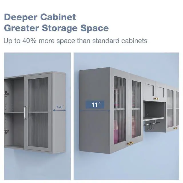 Alt view image 6 of 7 - Wall Mounted Storage Cabinet Set with Glass Doors (Grey) | Adjustable Shelves, Hanging Rod, 4 S-Hooks, Open Storage Space, Ribbed Glass Door Design, Laundry Room, Bathroom & Kitchen