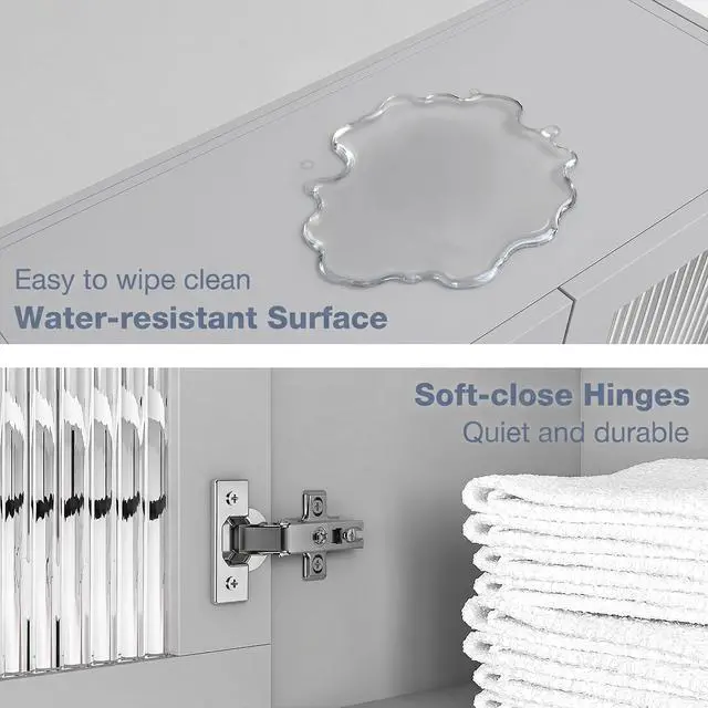 Alt view image 7 of 7 - Wall Mounted Storage Cabinet Set with Glass Doors (Grey) | Adjustable Shelves, Hanging Rod, 4 S-Hooks, Open Storage Space, Ribbed Glass Door Design, Laundry Room, Bathroom & Kitchen