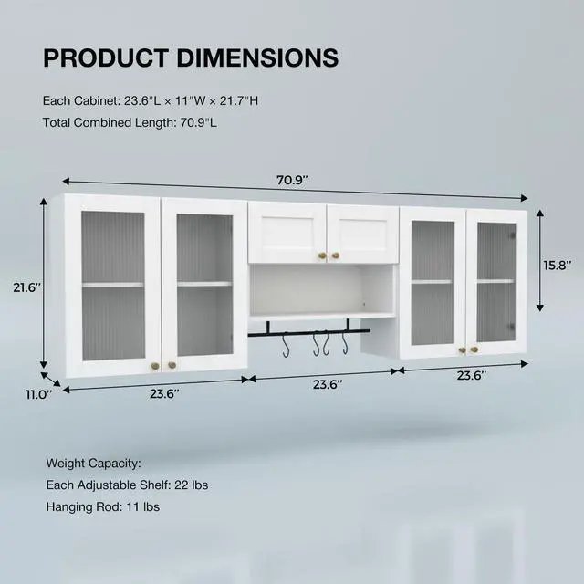 Alt view image 2 of 7 - 70.8"L Wall Mounted Laundry Room Cabinet Set with Glass Doors, Floating Bathroom Wall Cabinet with Adjustable Shelves, Hanging Rod & Hooks, Medicine Cabinets for Kitchen or Pantry Storage, White | Adj