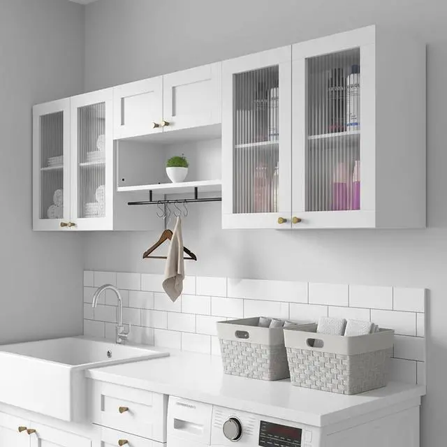 Main image of 70.8"L Wall Mounted Laundry Room Cabinet Set with Glass Doors, Floating Bathroom Wall Cabinet with Adjustable Shelves, Hanging Rod & Hooks, Medicine Cabinets for Kitchen or Pantry Storage, White | Adj