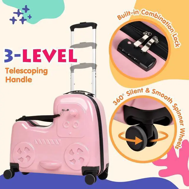 Alt view image 2 of 7 - 22" Kids Ride-On Suitcase with Safety Strap, Multifunctional Kids' Luggage with Double Spinner Wheels, Durable and Lightweight for Boys and Girls Ages 2-10Pink