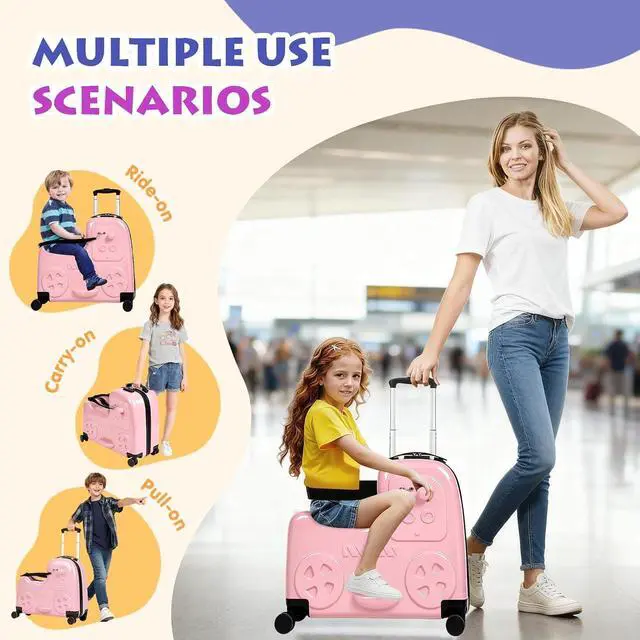 Alt view image 3 of 7 - 22" Kids Ride-On Suitcase with Safety Strap, Multifunctional Kids' Luggage with Double Spinner Wheels, Durable and Lightweight for Boys and Girls Ages 2-10Pink