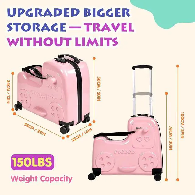 Alt view image 6 of 7 - 22" Kids Ride-On Suitcase with Safety Strap, Multifunctional Kids' Luggage with Double Spinner Wheels, Durable and Lightweight for Boys and Girls Ages 2-10Pink