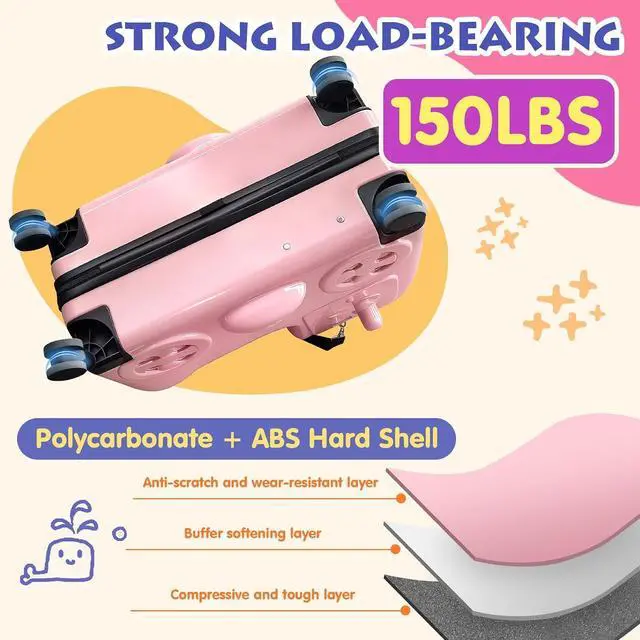Alt view image 5 of 7 - 22" Kids Ride-On Suitcase with Safety Strap, Multifunctional Kids' Luggage with Double Spinner Wheels, Durable and Lightweight for Boys and Girls Ages 2-10Pink