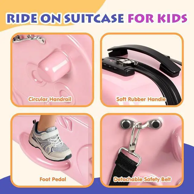 Alt view image 7 of 7 - 22" Kids Ride-On Suitcase with Safety Strap, Multifunctional Kids' Luggage with Double Spinner Wheels, Durable and Lightweight for Boys and Girls Ages 2-10Pink