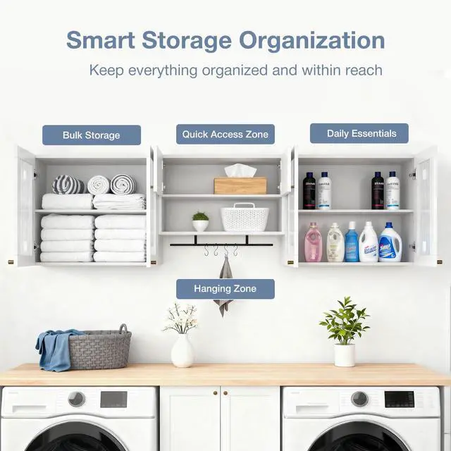 Alt view image 3 of 7 - 70.8"L Wall Mounted Laundry Room Cabinet Set with Glass Doors, Floating Bathroom Wall Cabinet with Adjustable Shelves, Hanging Rod & Hooks, Medicine Cabinets for Kitchen or Pantry Storage, White | Adj