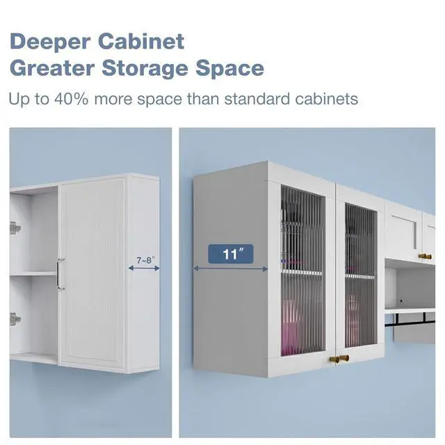 Alt view image 6 of 7 - 70.8"L Wall Mounted Laundry Room Cabinet Set with Glass Doors, Floating Bathroom Wall Cabinet with Adjustable Shelves, Hanging Rod & Hooks, Medicine Cabinets for Kitchen or Pantry Storage, White | Adj