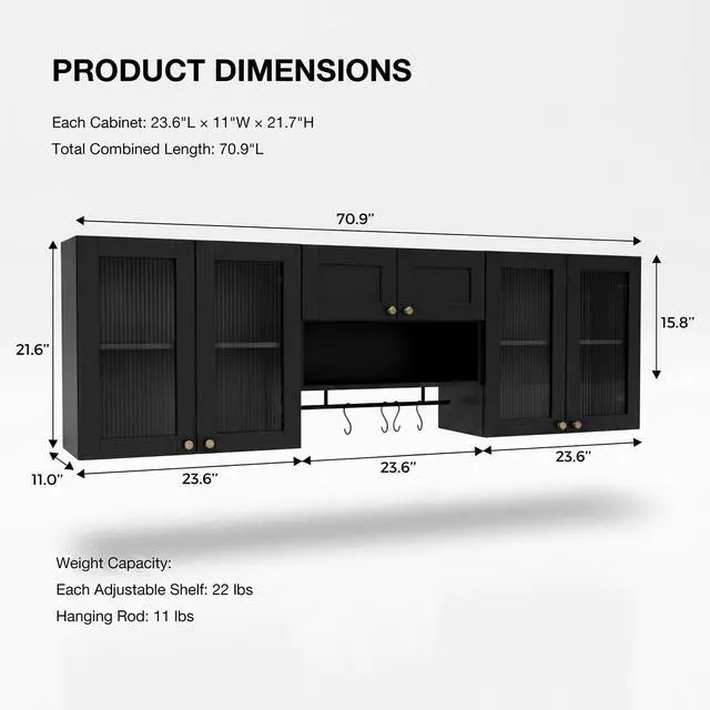 Alt view image 2 of 7 - Wall Mounted Storage Cabinet Set with Glass Doors (Black) | Adjustable Shelves, Hanging Rod, 4 S-Hooks, Open Storage Space, Ribbed Glass Door Design, Laundry Room, Bathroom & Kitchen