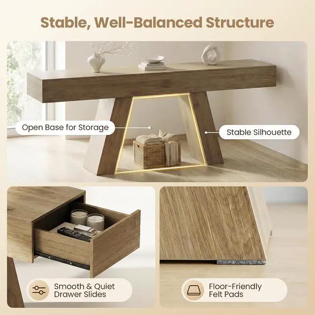 Alt view image 7 of 7 - 63-Inch Long Console Table with Storage Drawers, Wood Grain Sofa Table Behind Couch, for Entryway, Entrance, Hallway, Foyer, Living Room (Nature Wood)
