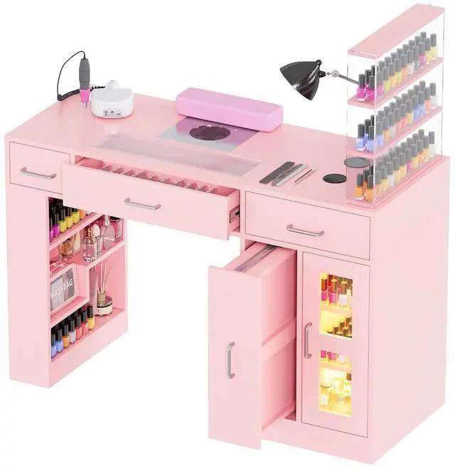 Main image of Manicure Table Nail Tech Desk w/Glass Top Drawer, Nail Tech Table w/Movable Shelves, Dust Collector, Wireless Charging, Cabinet, LED Lights, Acetone-Resistant Salon Workstation (Light Pink)