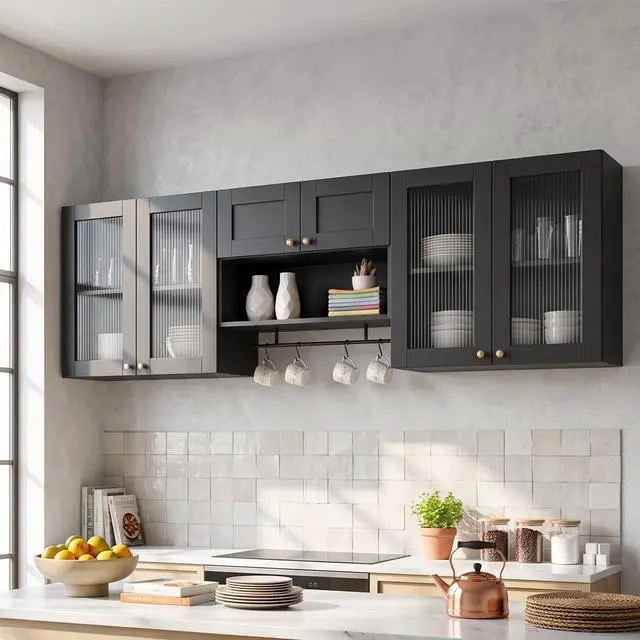 Alt view image 3 of 7 - Wall Mounted Storage Cabinet Set with Glass Doors (Black) | Adjustable Shelves, Hanging Rod, 4 S-Hooks, Open Storage Space, Ribbed Glass Door Design, Laundry Room, Bathroom & Kitchen