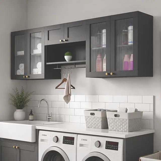 Main image of Wall Mounted Storage Cabinet Set with Glass Doors (Black) | Adjustable Shelves, Hanging Rod, 4 S-Hooks, Open Storage Space, Ribbed Glass Door Design, Laundry Room, Bathroom & Kitchen