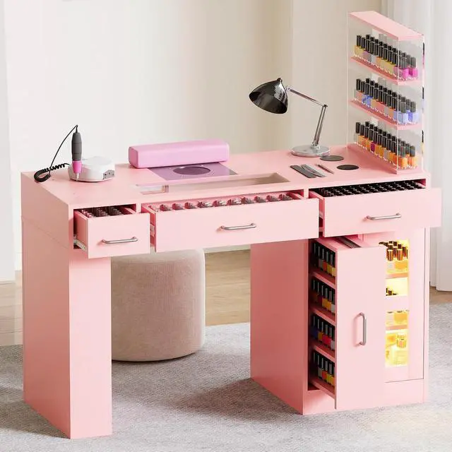 Alt view image 2 of 7 - Manicure Table Nail Tech Desk w/Glass Top Drawer, Nail Tech Table w/Movable Shelves, Dust Collector, Wireless Charging, Cabinet, LED Lights, Acetone-Resistant Salon Workstation (Light Pink)