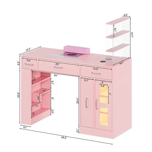 Alt view image 3 of 7 - Manicure Table Nail Tech Desk w/Glass Top Drawer, Nail Tech Table w/Movable Shelves, Dust Collector, Wireless Charging, Cabinet, LED Lights, Acetone-Resistant Salon Workstation (Light Pink)