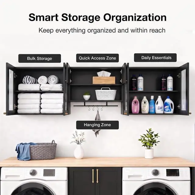 Alt view image 4 of 7 - Wall Mounted Storage Cabinet Set with Glass Doors (Black) | Adjustable Shelves, Hanging Rod, 4 S-Hooks, Open Storage Space, Ribbed Glass Door Design, Laundry Room, Bathroom & Kitchen