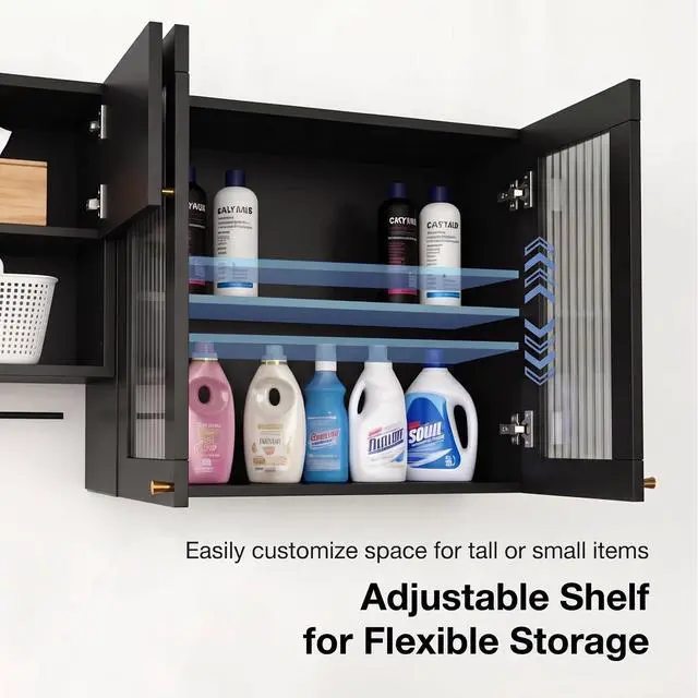 Alt view image 5 of 7 - Wall Mounted Storage Cabinet Set with Glass Doors (Black) | Adjustable Shelves, Hanging Rod, 4 S-Hooks, Open Storage Space, Ribbed Glass Door Design, Laundry Room, Bathroom & Kitchen