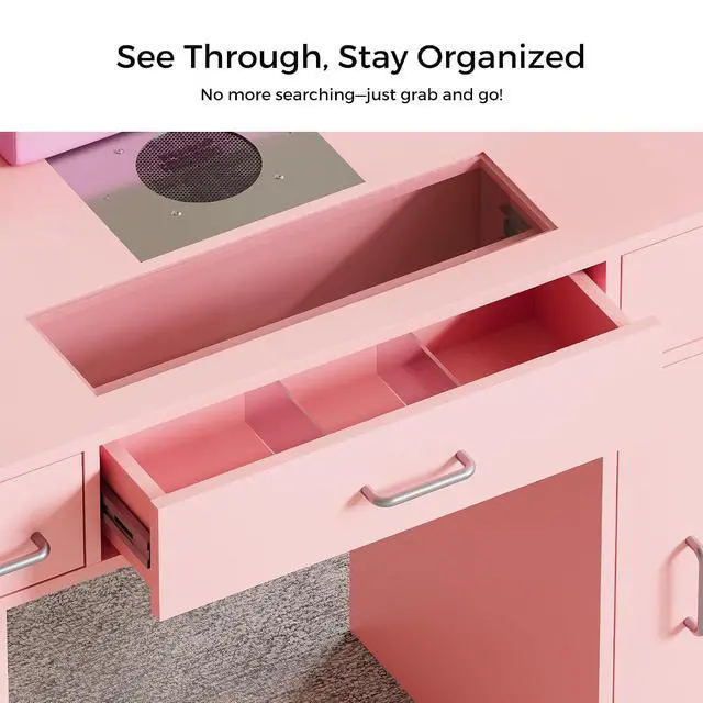 Alt view image 4 of 7 - Manicure Table Nail Tech Desk w/Glass Top Drawer, Nail Tech Table w/Movable Shelves, Dust Collector, Wireless Charging, Cabinet, LED Lights, Acetone-Resistant Salon Workstation (Light Pink)