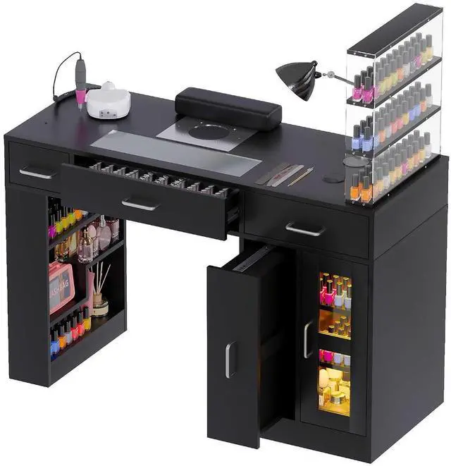 Main image of Manicure Table Nail Tech Desk w/Glass Top Drawer, Nail Tech Table w/Movable Shelves, Dust Collector, Wireless Charging, Cabinet, LED Lights, Acetone-Resistant Salon Workstation (Black)