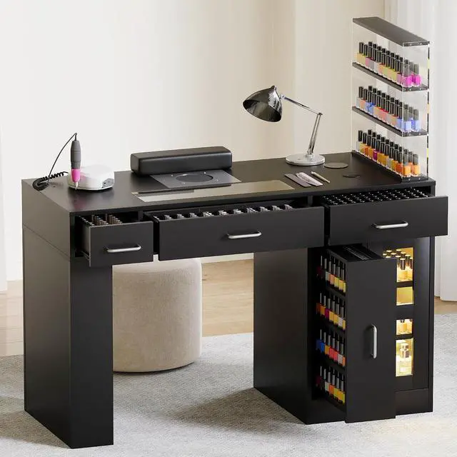 Alt view image 2 of 7 - Manicure Table Nail Tech Desk w/Glass Top Drawer, Nail Tech Table w/Movable Shelves, Dust Collector, Wireless Charging, Cabinet, LED Lights, Acetone-Resistant Salon Workstation (Black)