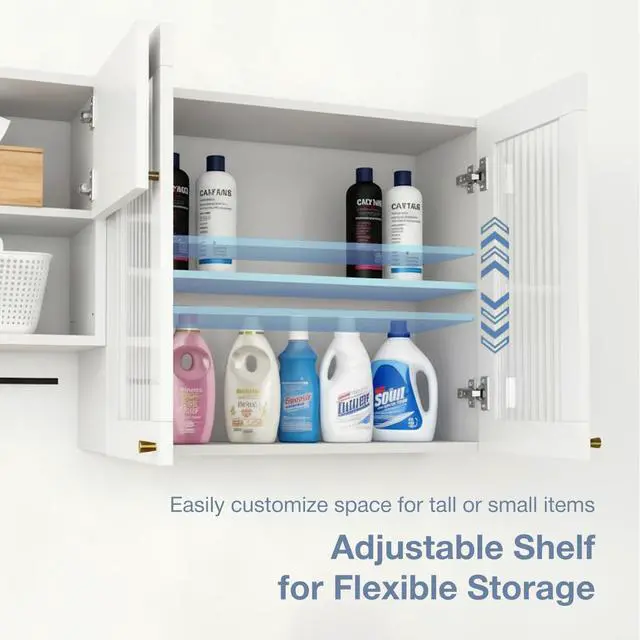 Alt view image 4 of 7 - 70.8"L Wall Mounted Laundry Room Cabinet Set with Glass Doors, Floating Bathroom Wall Cabinet with Adjustable Shelves, Hanging Rod & Hooks, Medicine Cabinets for Kitchen or Pantry Storage, White | Adj