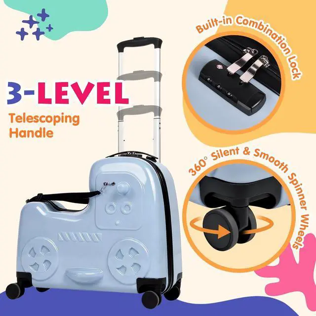 Alt view image 2 of 7 - 22" Kids Ride-On Suitcase with Safety Strap, Multifunctional Kids' Luggage with Double Spinner Wheels, Durable and Lightweight for Boys and Girls Ages 2-10 (Blue, 22-inch)