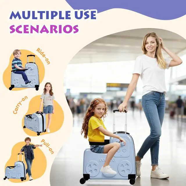 Alt view image 3 of 7 - 22" Kids Ride-On Suitcase with Safety Strap, Multifunctional Kids' Luggage with Double Spinner Wheels, Durable and Lightweight for Boys and Girls Ages 2-10 (Blue, 22-inch)