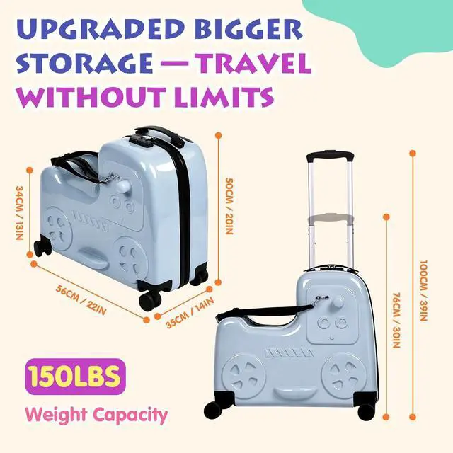 Alt view image 6 of 7 - 22" Kids Ride-On Suitcase with Safety Strap, Multifunctional Kids' Luggage with Double Spinner Wheels, Durable and Lightweight for Boys and Girls Ages 2-10 (Blue, 22-inch)