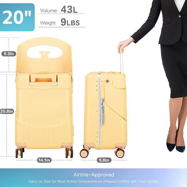 Alt view image 2 of 7 - 20" Carry On Luggage with Seat For Kids & AdultsHardside Ride On Suitcase with 360°Spinner and TSA Lock For Travel (Yellow, 20")