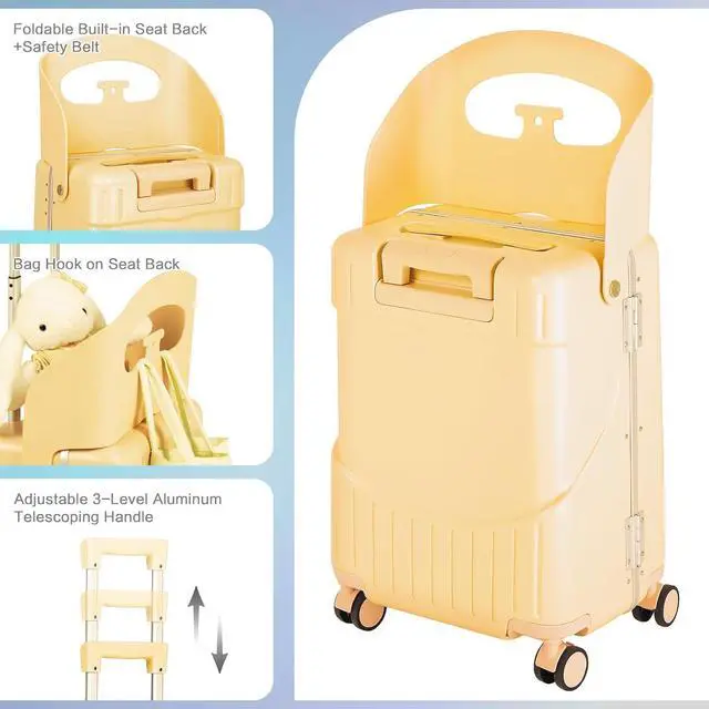 Alt view image 3 of 7 - 20" Carry On Luggage with Seat For Kids & AdultsHardside Ride On Suitcase with 360°Spinner and TSA Lock For Travel (Yellow, 20")